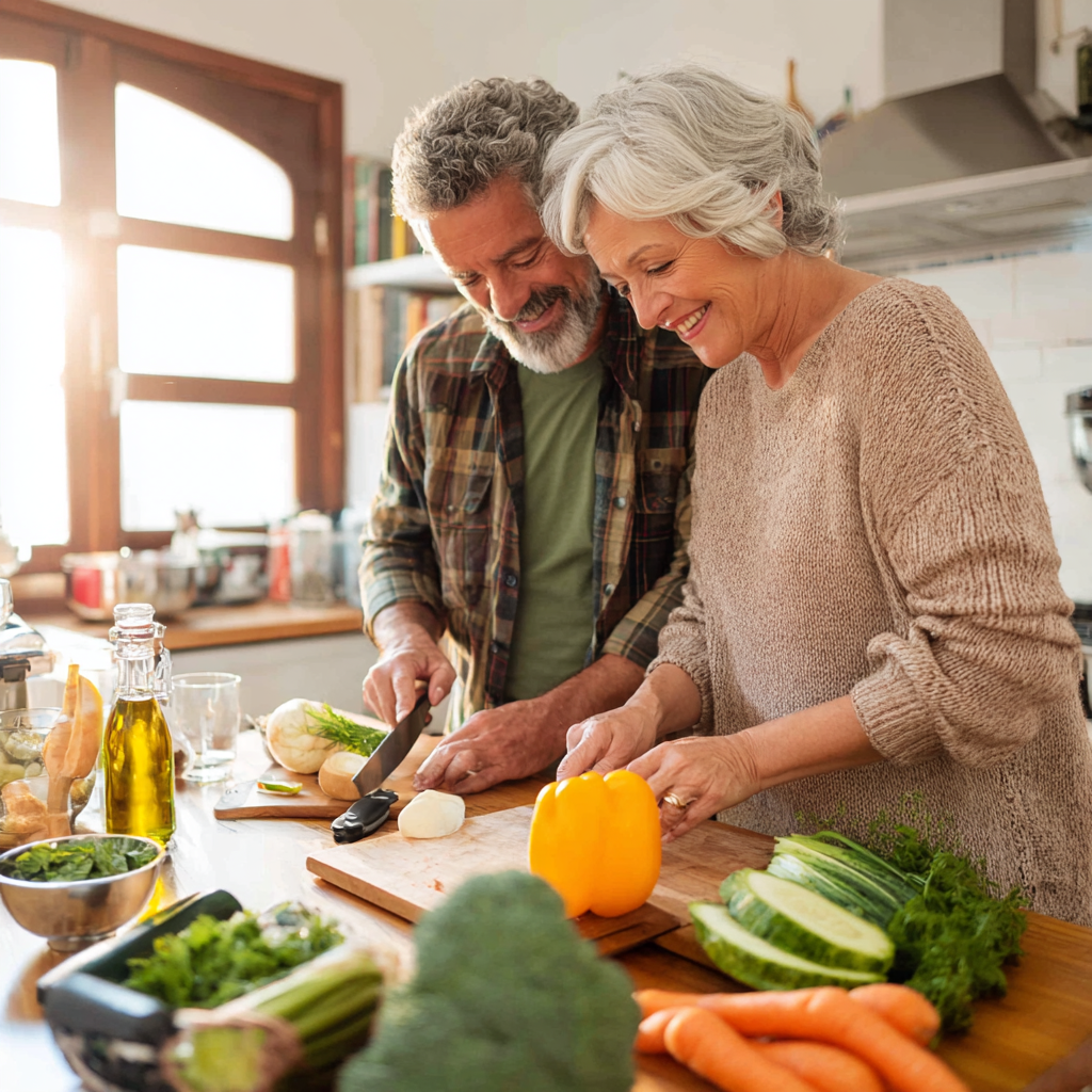 Middle-aged adults preparing healthy meal together in bright kitchen