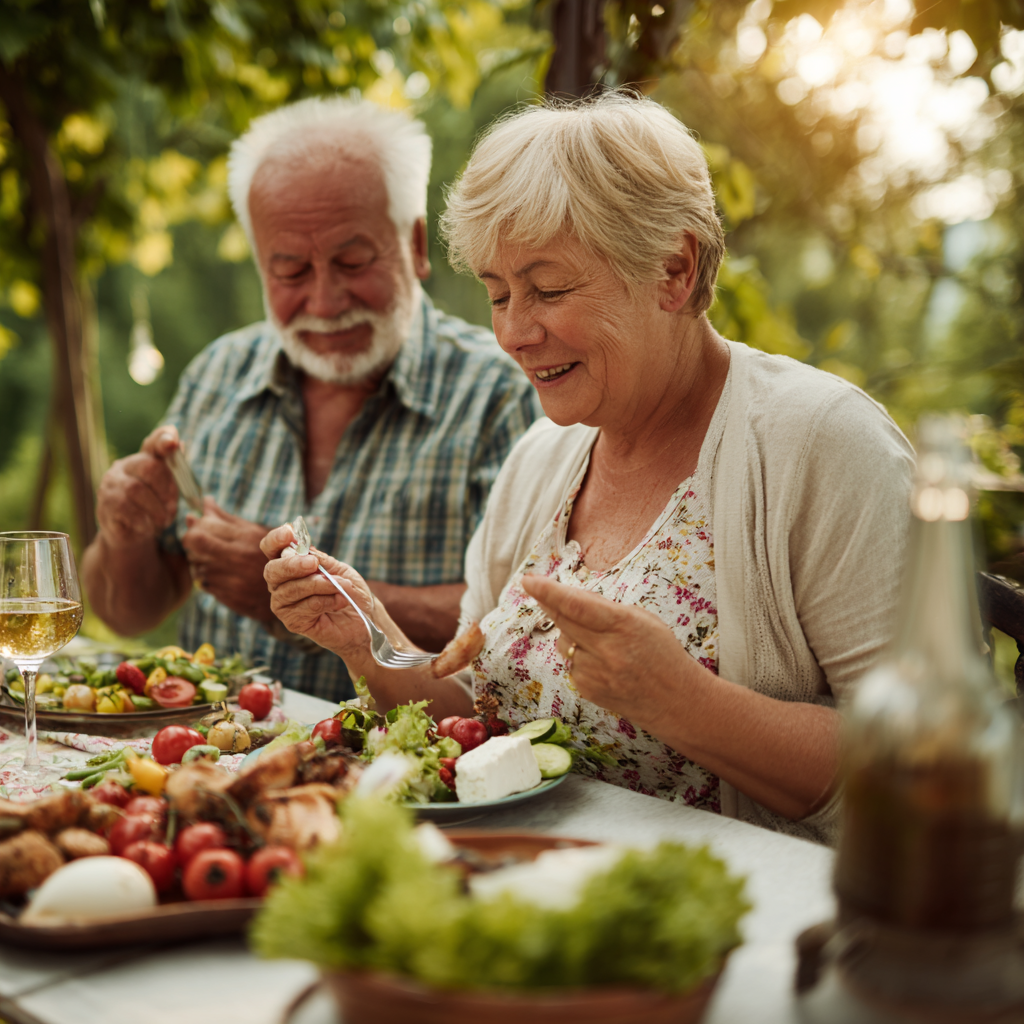 Older adults enjoying nutritious meal outdoors in garden setting